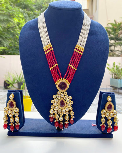 Deep Red Multi Strand Kundan & Pearl Necklace Set