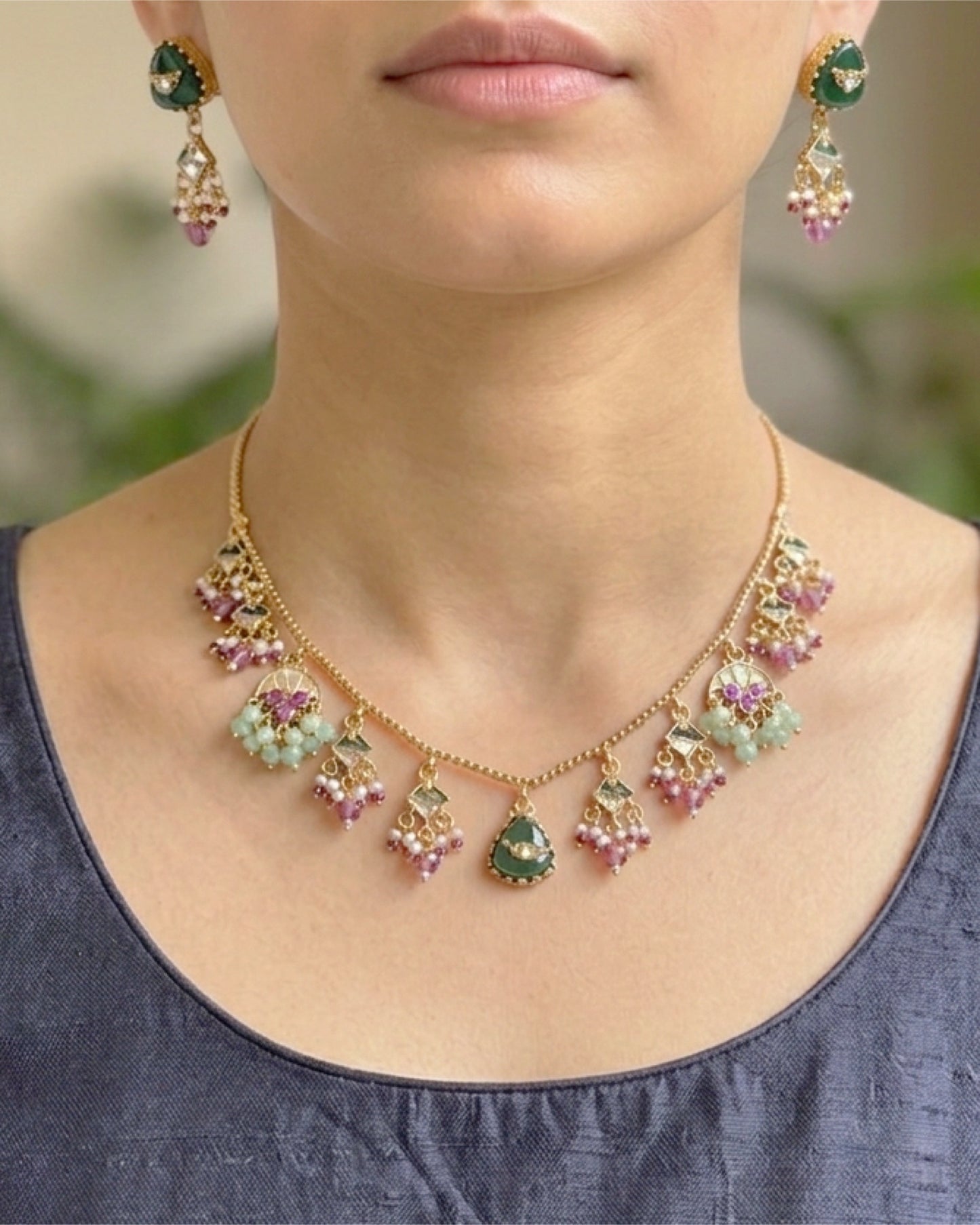 Pastel Pink & Mint Green Cluster Necklace Set