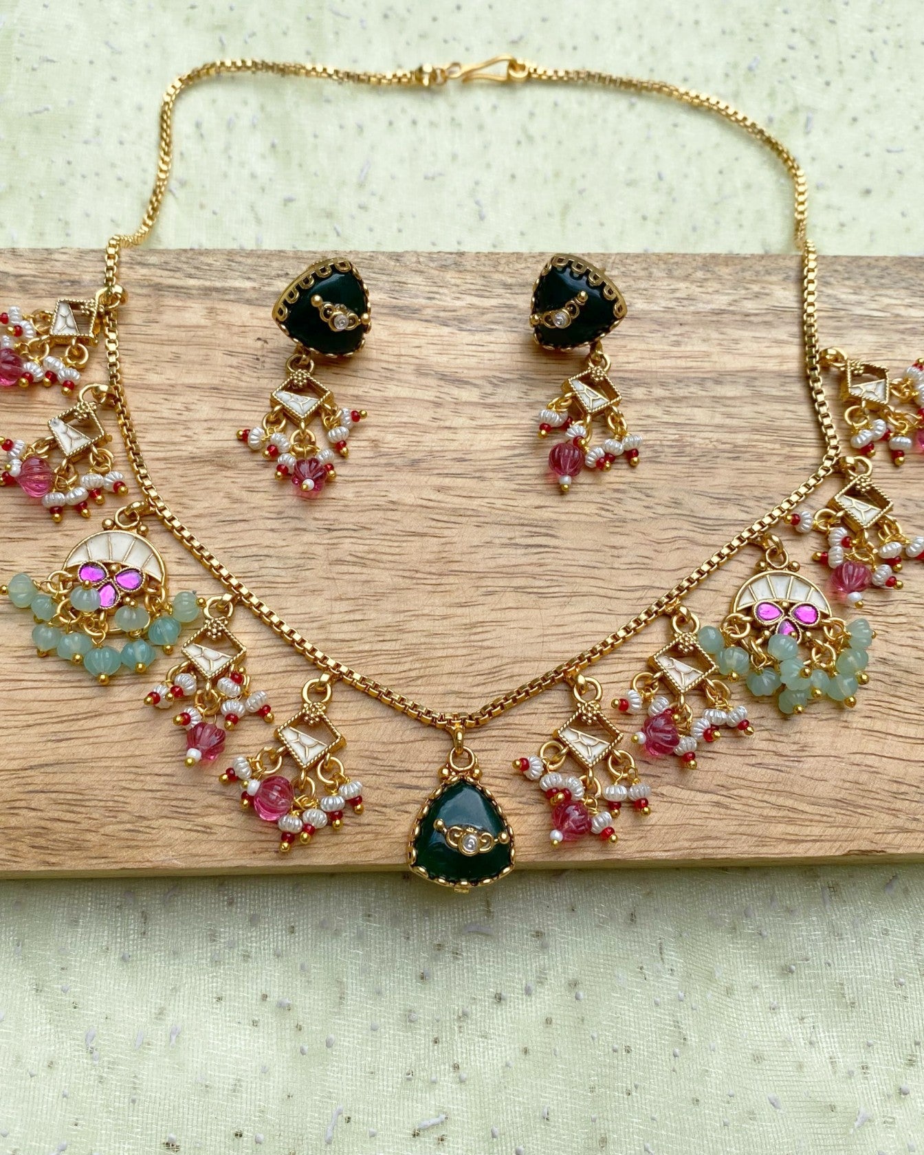 Pastel Pink & Mint Green Cluster Necklace Set