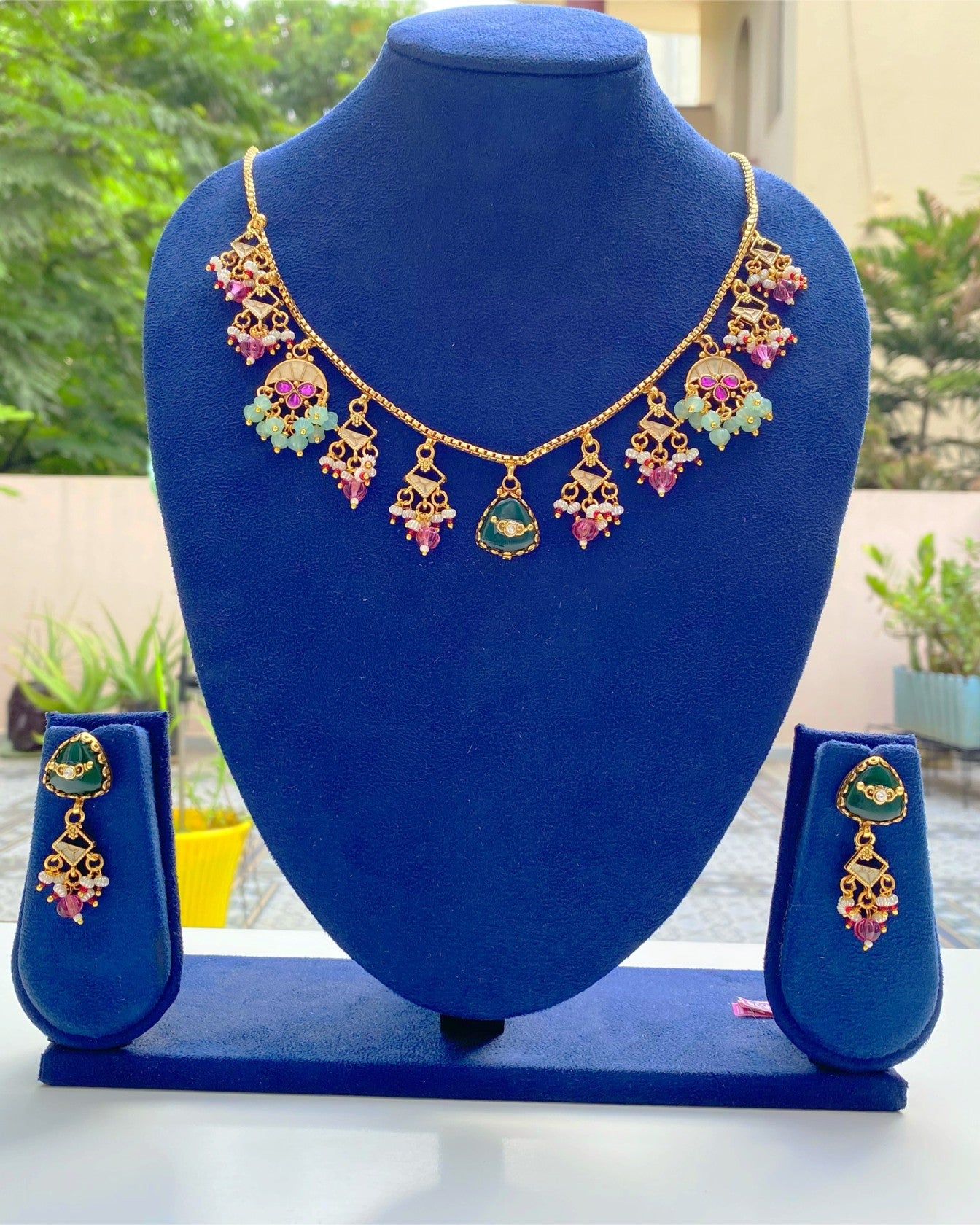 Pastel Pink & Mint Green Cluster Necklace Set
