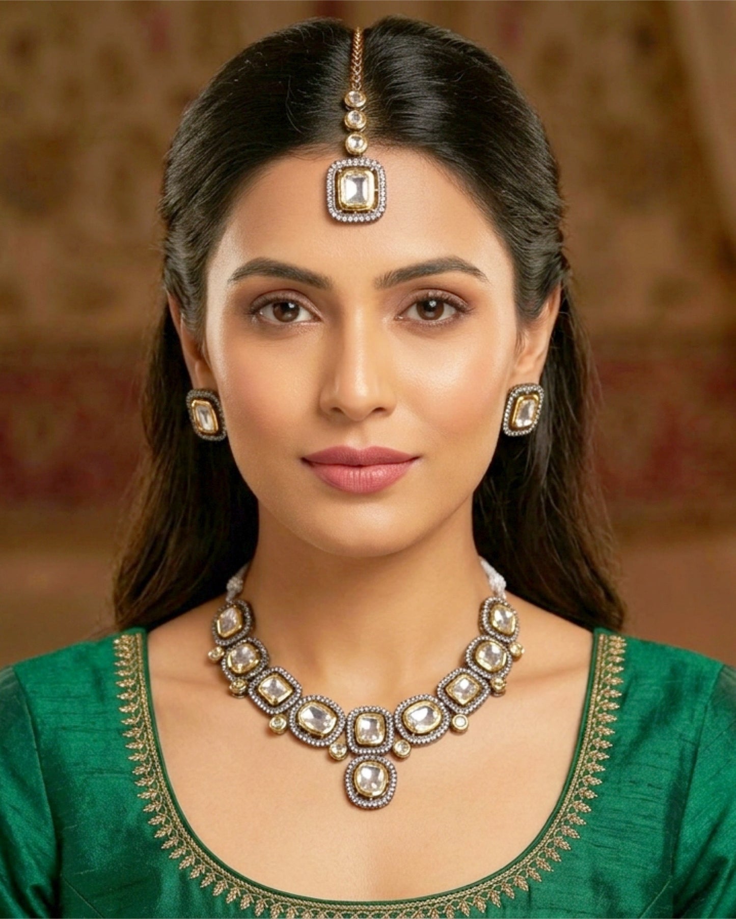 Metal-Gold Kundan Set with Tikka