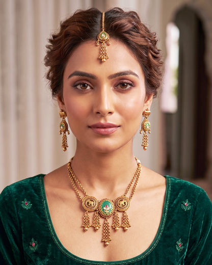 Mint Green Elephant Engraved Necklace Set with Maang Tikka