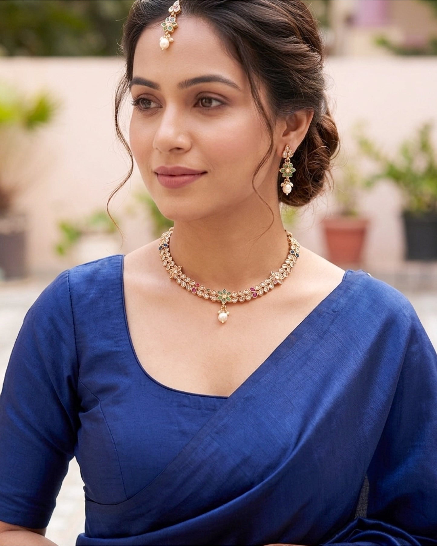 Multicolor Floral Necklace Set with Maang Tikka