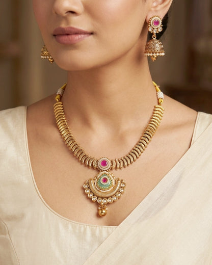 Gold Crescent Moon Ribbed  Necklace Set