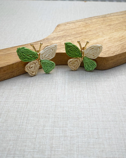 Off White & Green Raffia Butterfly Earring
