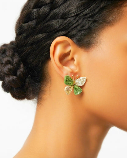 Off White & Green Raffia Butterfly Earring