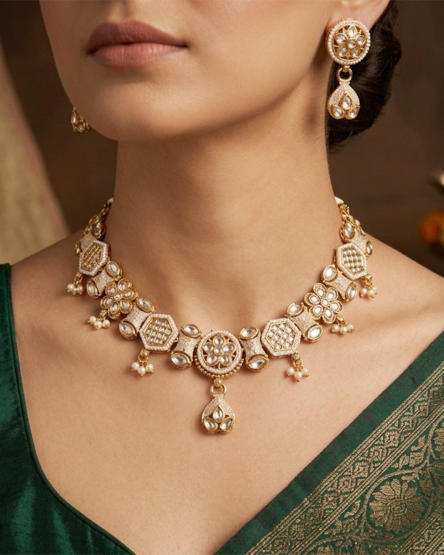 Ivory Blossom Hexagon Necklace Set