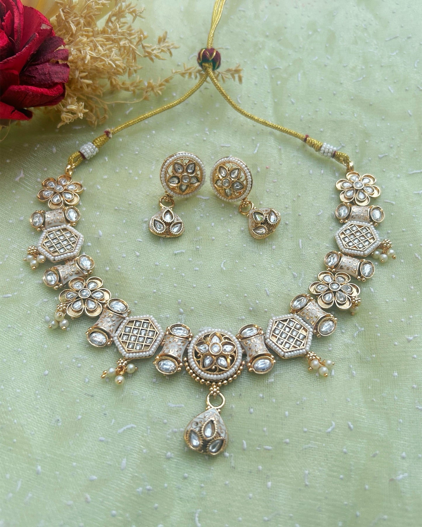 Ivory Blossom Hexagon Necklace Set